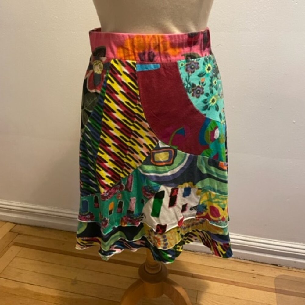 Desigual printed cotton jersey patchwork A-line skirt with flounce
